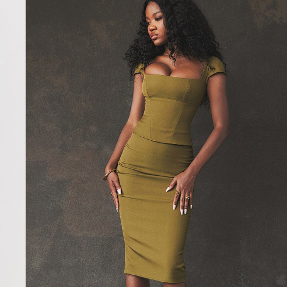 HOUSE OF CB 'Layana' Olive Corset Midi Dress NWOT